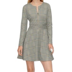 ME+EM Houndstooth Plaid Long Sleeve Flare Mini Dress Gray US12